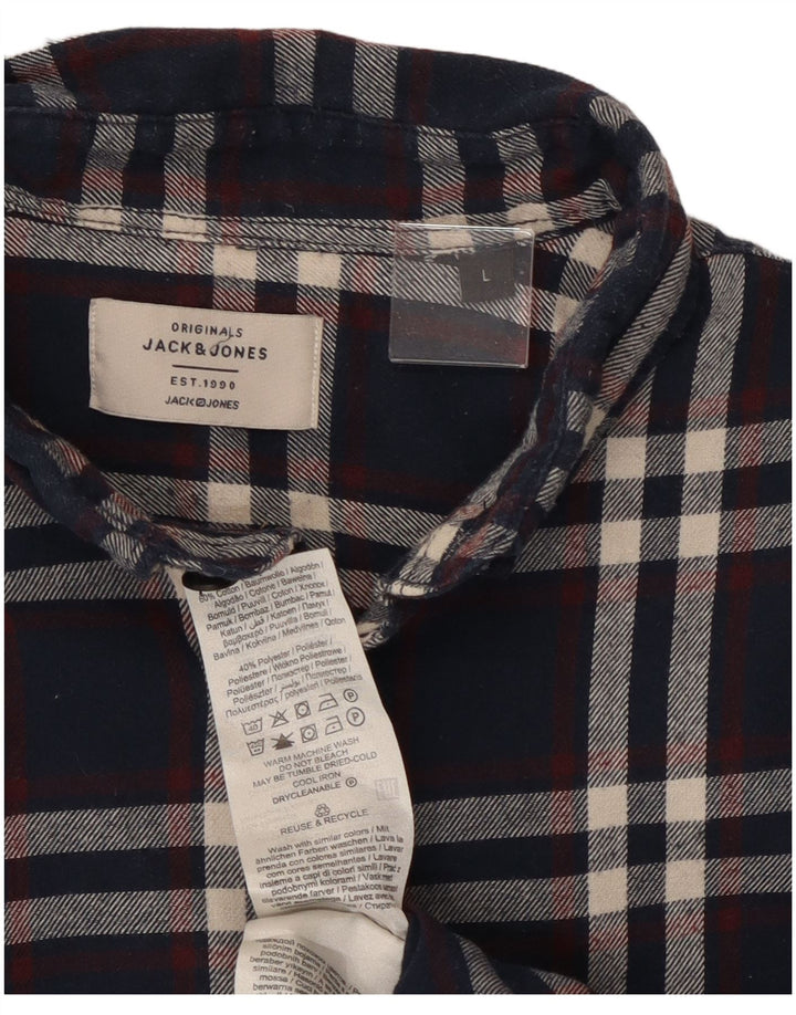 JACK & JONES Mens Flannel Shirt Large Navy Blue Check Cotton