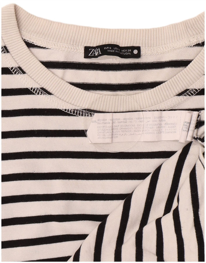 Zara Womens Top Long Sleeve UK 10 Small White Striped Cotton
