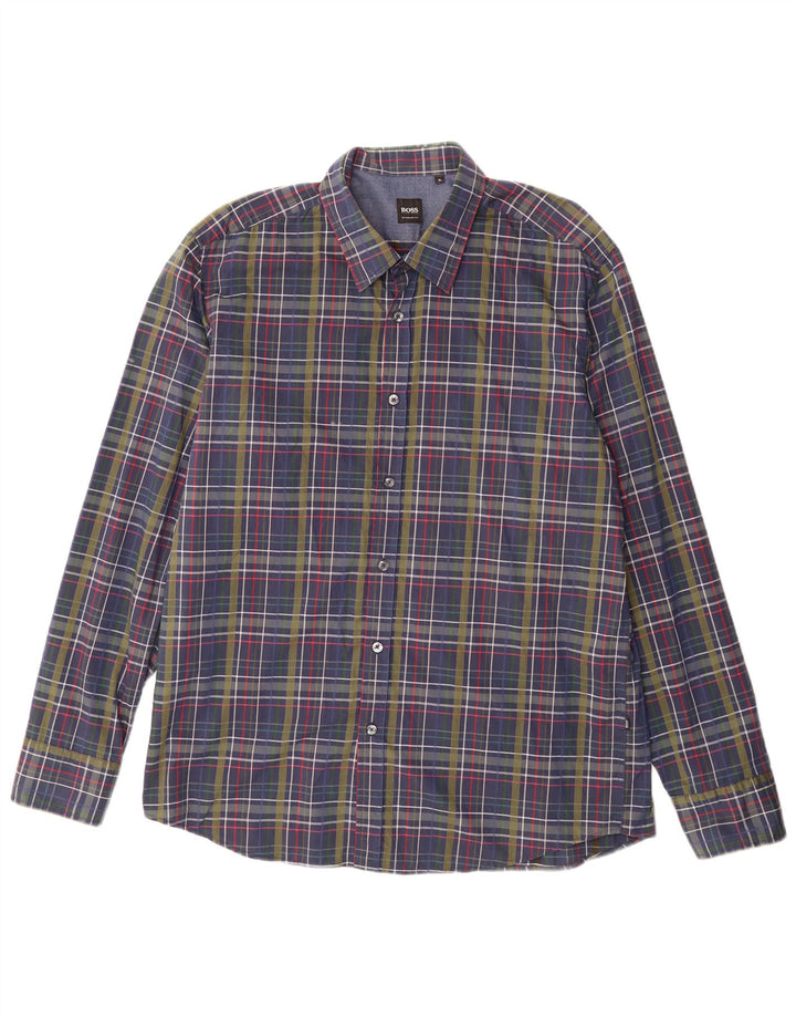 HUGO BOSS Mens Shirt XL Navy Blue Check Cotton