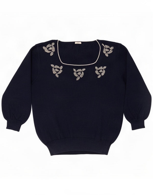 Vintage Womens Short Sleeve Boat Neck Jumper Sweater UK 16 Large Navy Blue