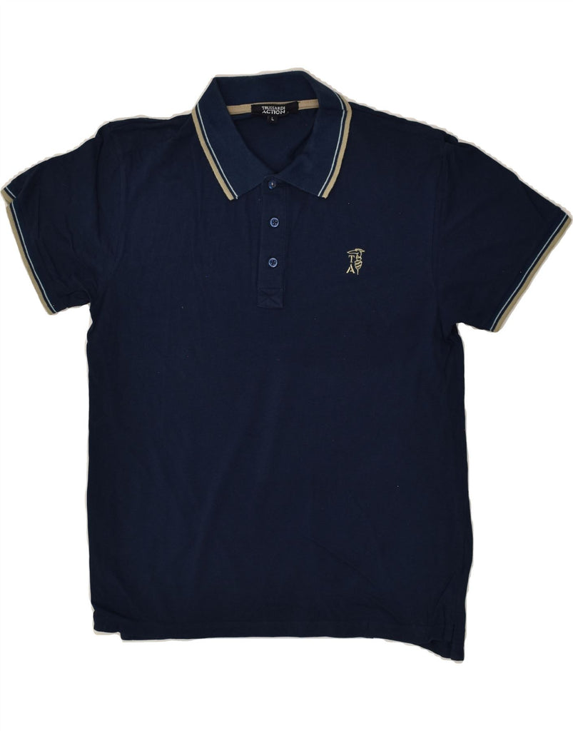 TRUSSARDI Mens Polo Shirt Large Navy Blue | Vintage Trussardi | Thrift | Second-Hand Trussardi | Used Clothing | Messina Hembry 