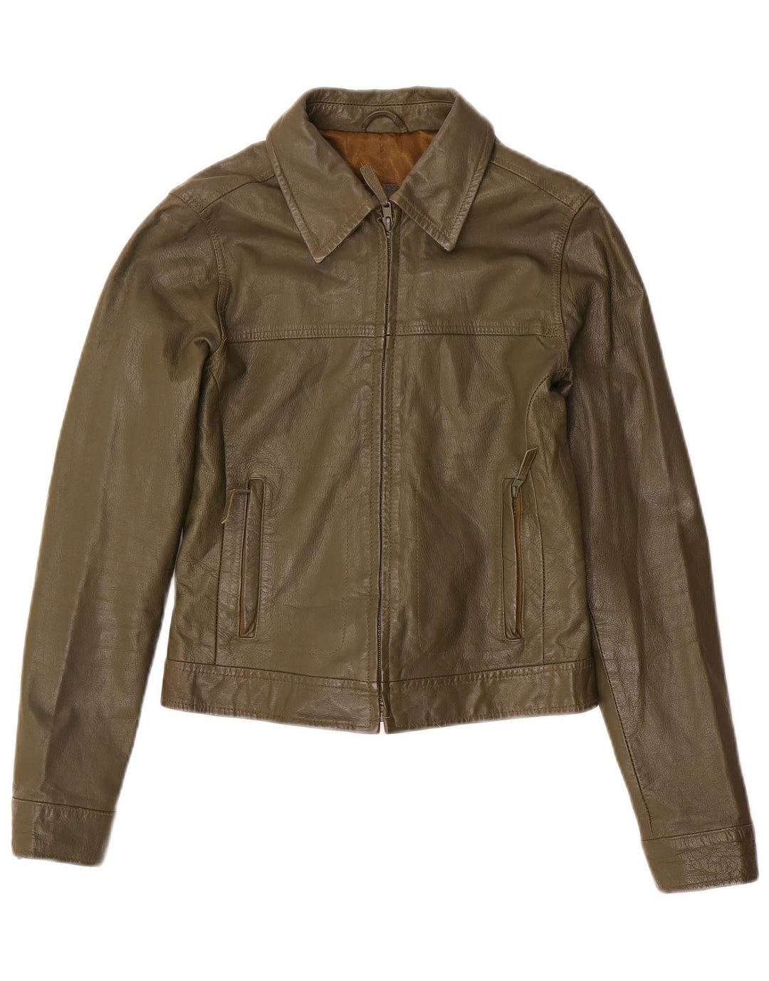 Zara Womens Trafaluc Crop Leather Jacket UK 12 Medium Khaki Leather