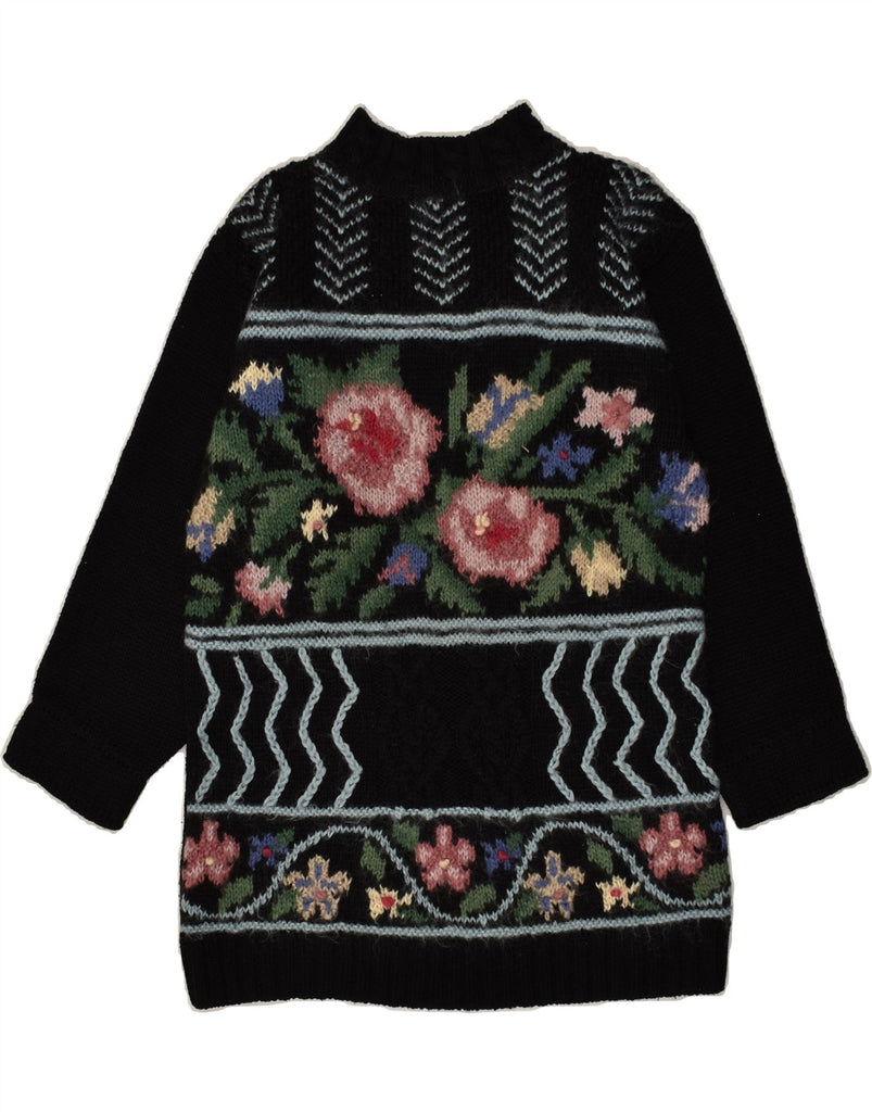 VINTAGE Womens Turtle Neck Jumper Sweater UK 14 Large Black Floral Wool | Vintage Vintage | Thrift | Second-Hand Vintage | Used Clothing | Messina Hembry 