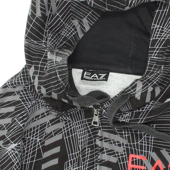 EA7 Emporio Armani Mens Black All Over Print Full Zip Hoodie Designer VTG Vintage Second Hand Clothing Online Messina Hembry