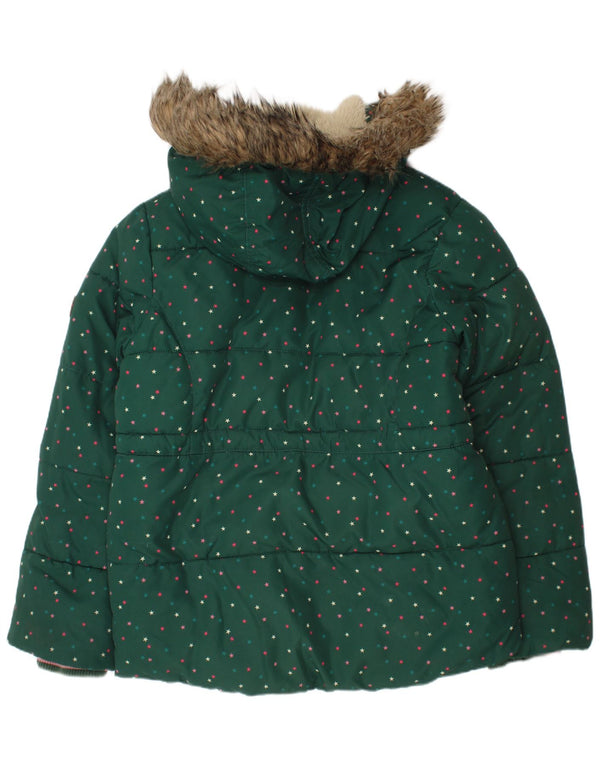 Joules Girls Hooded Sherpa Padded Jacket 7-8 Years Green Spotted Polyester