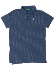 BENETTON Boys Polo Shirt 11-12 Years 2XL Navy Blue Spotted Cotton