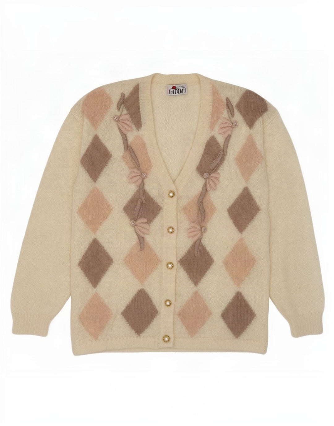 Gitam Womens Cardigan Sweater IT 50 XL Off White Argyle/Diamond Mohair