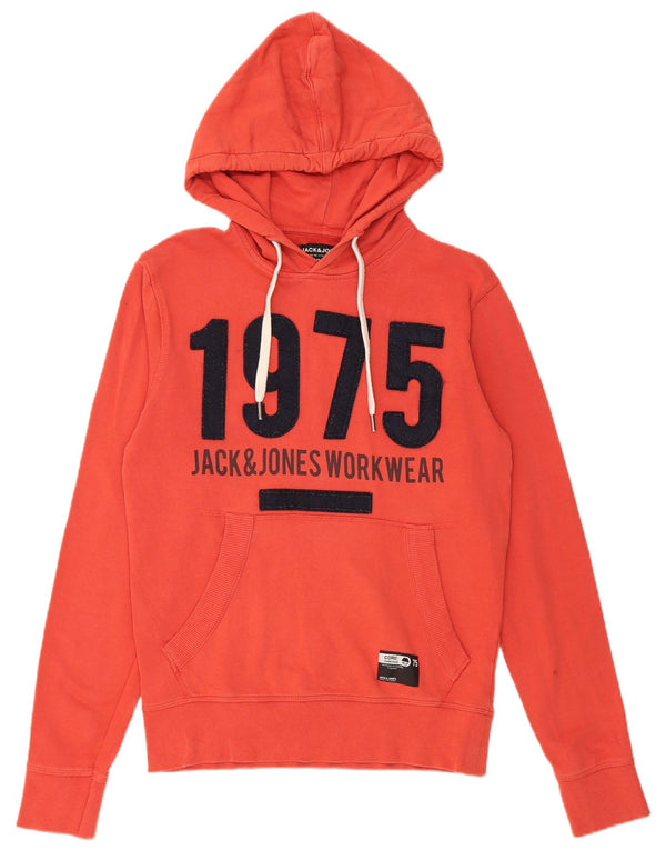 Jack & Jones Mens Graphic Hoodie Jumper Small Orange Cotton