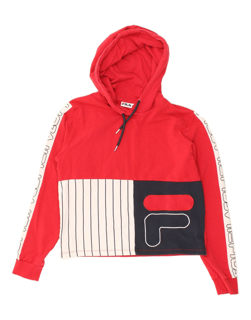 FILA Womens Graphic Hoodie Jumper UK 16 Large Red Colourblock Cotton | Vintage Fila | Thrift | Second-Hand Fila | Used Clothing | Messina Hembry 