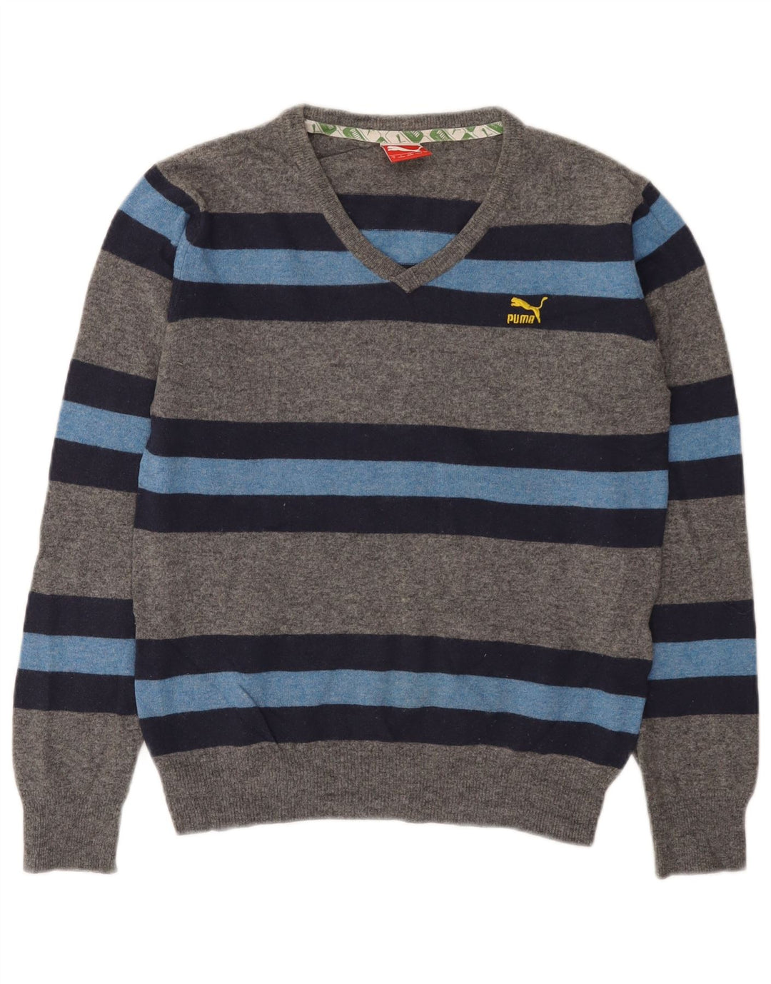 Puma Mens V-Neck Jumper Sweater Small Grey Colourblock Lambswool
