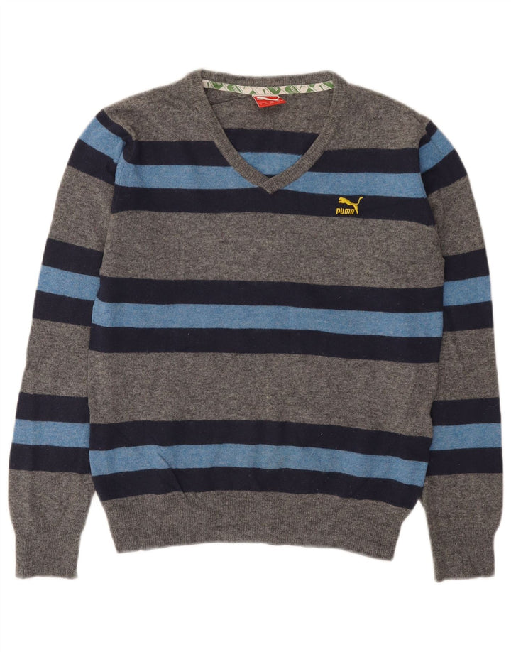Puma Mens V-Neck Jumper Sweater Small Grey Colourblock Lambswool