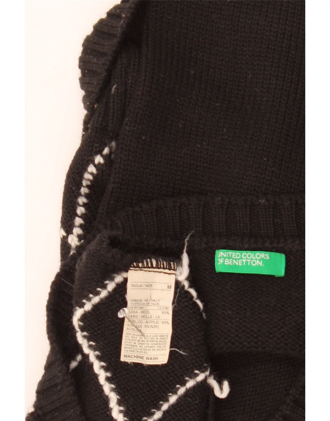 Benetton Womens V-Neck Jumper Sweater UK 12 Medium Black Argyle/Diamond