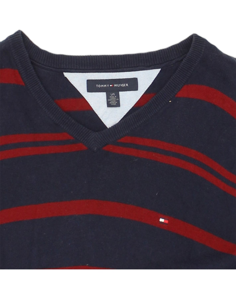 TOMMY HILFIGER Mens V-Neck Jumper Sweater Large Navy Blue Striped Cotton | Vintage Tommy Hilfiger | Thrift | Second-Hand Tommy Hilfiger | Used Clothing | Messina Hembry 