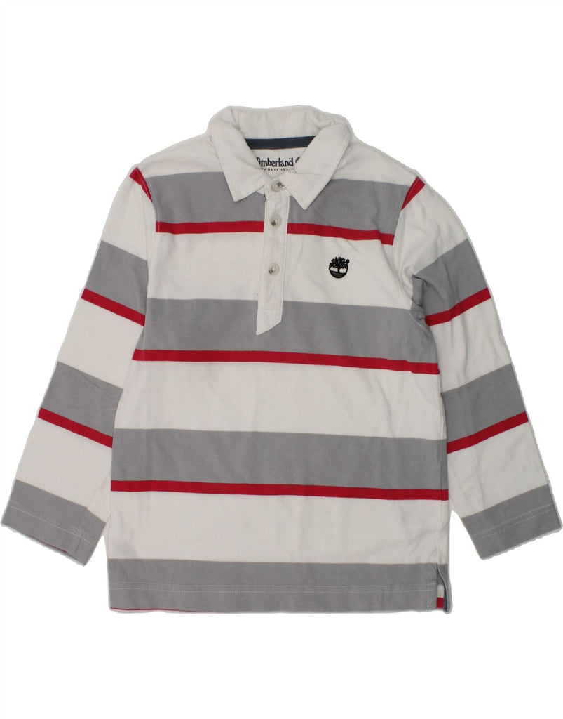 TIMBERLAND Boys Long Sleeve Polo Shirt 5-6 Years Grey Striped Cotton | Vintage Timberland | Thrift | Second-Hand Timberland | Used Clothing | Messina Hembry 