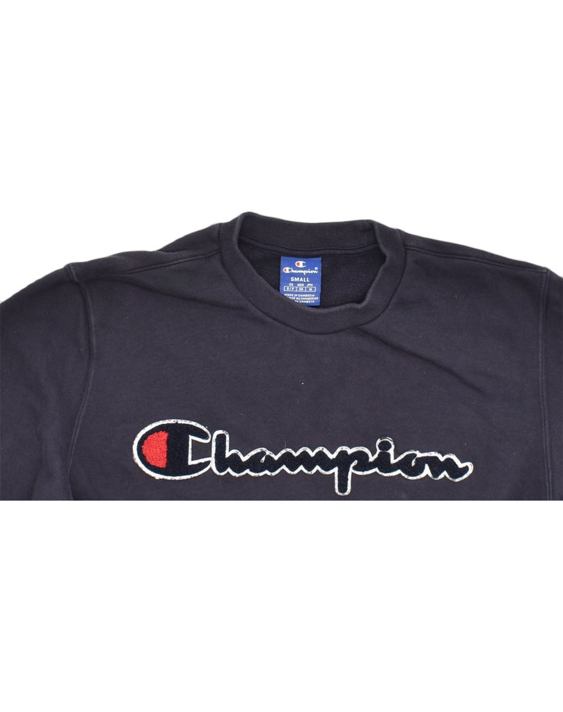 CHAMPION Mens Graphic Sweatshirt Jumper Small Navy Blue Cotton Sports | Vintage | Thrift | Second-Hand | Used Clothing | Messina Hembry 