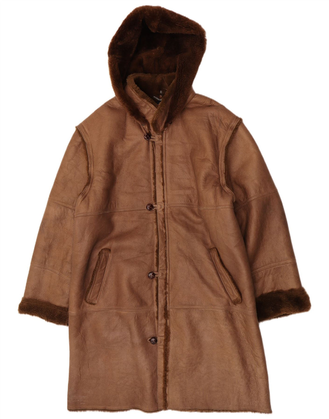 Coveri Mens Hooded Shearling Overcoat EU 54 2XL Brown Leather