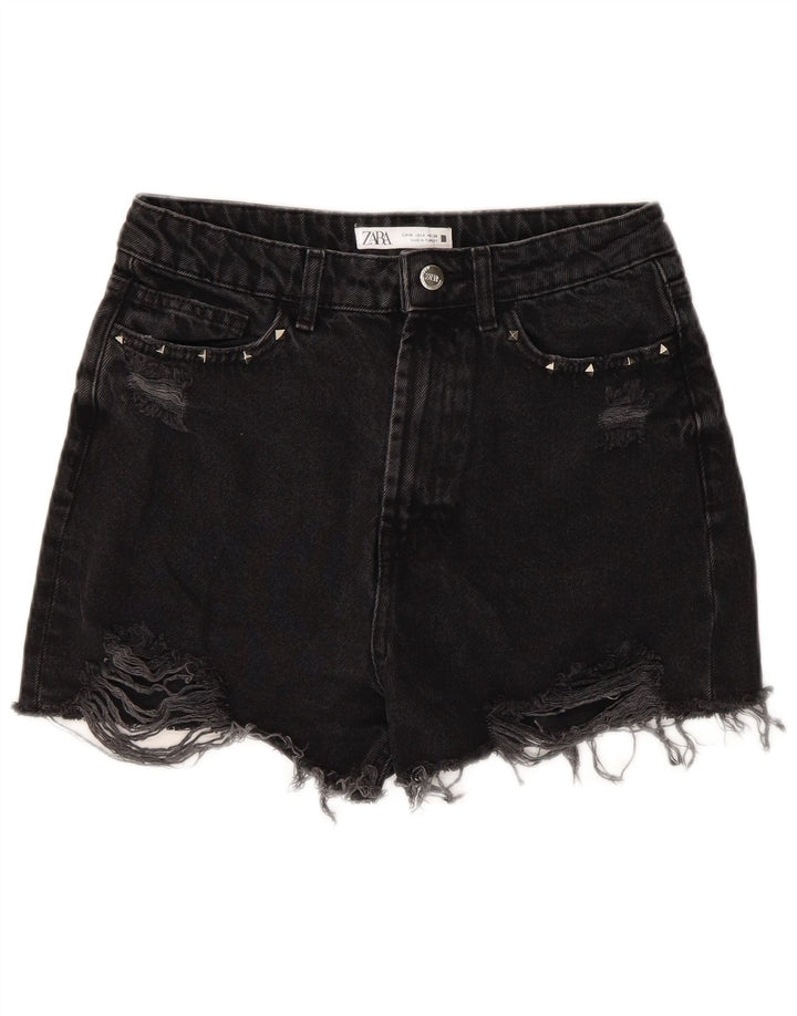 ZARA Womens Distressed Denim Shorts EU 38 Small W28 Black