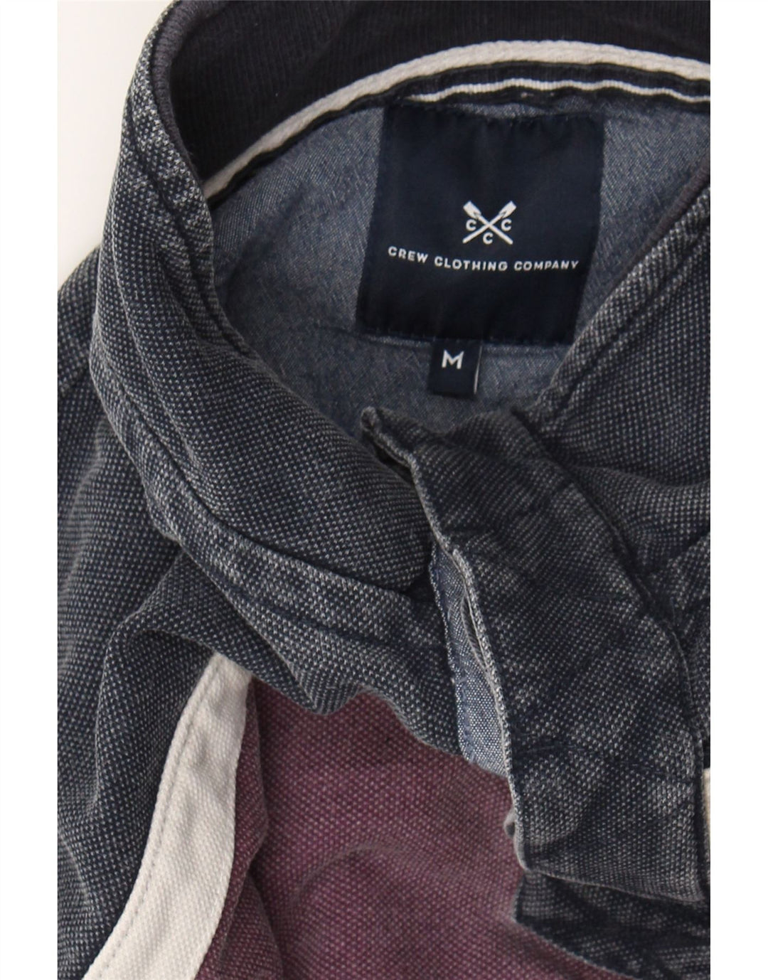 CREW CLOTHING Mens Graphic Sweatshirt Jumper Medium Purple Colourblock Vintage Crew Clothing and Second-Hand Crew Clothing from Messina Hembry 