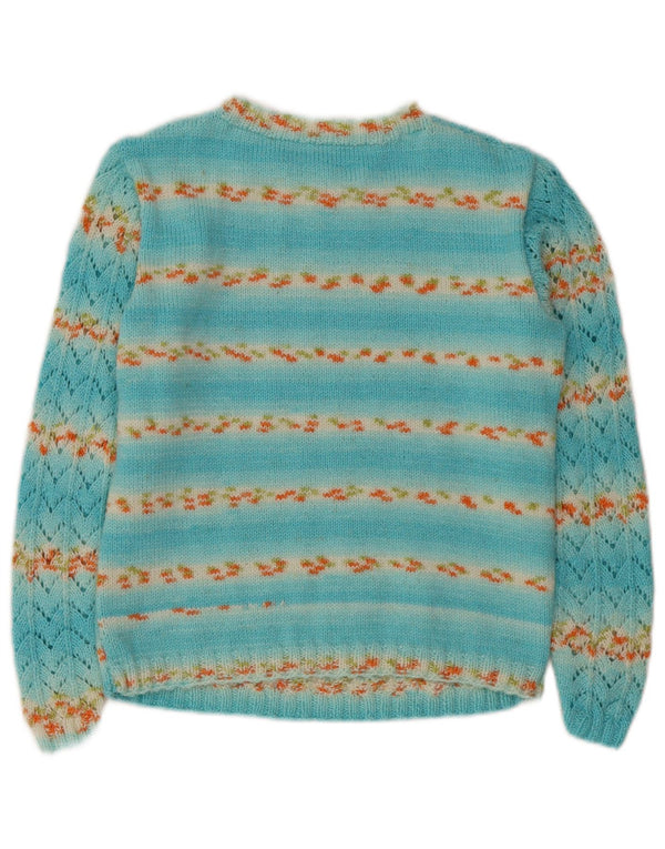 Vintage Womens Crop Boat Neck Jumper Sweater UK 10 Small Turquoise Striped