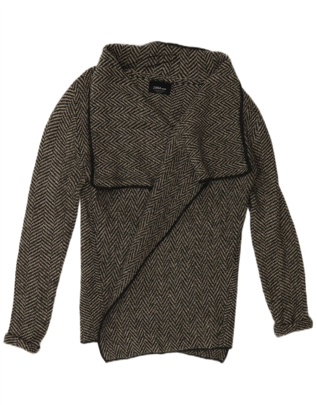 Zara Womens Open Cardigan Sweater UK 14 Medium Grey Herringbone Acrylic