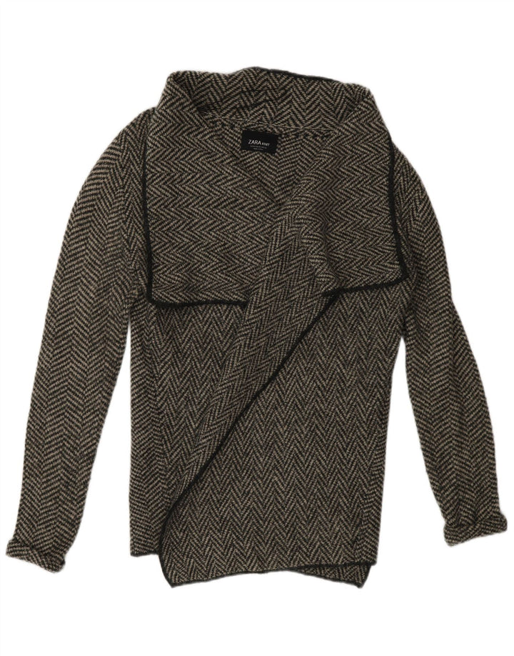 Zara Womens Open Cardigan Sweater UK 14 Medium Grey Herringbone Acrylic