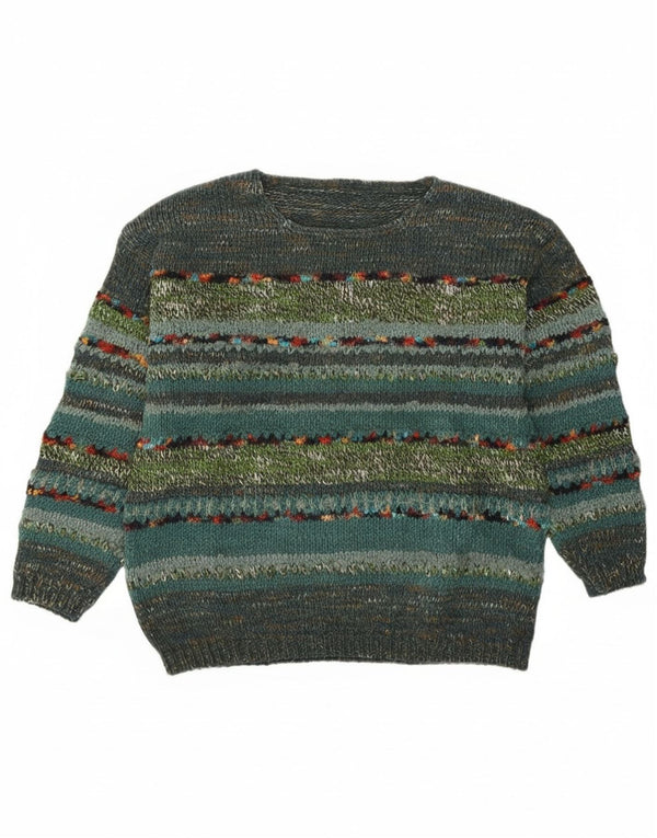 Vintage Womens Crew Neck Jumper Sweater UK 14 Large Green Striped Retro