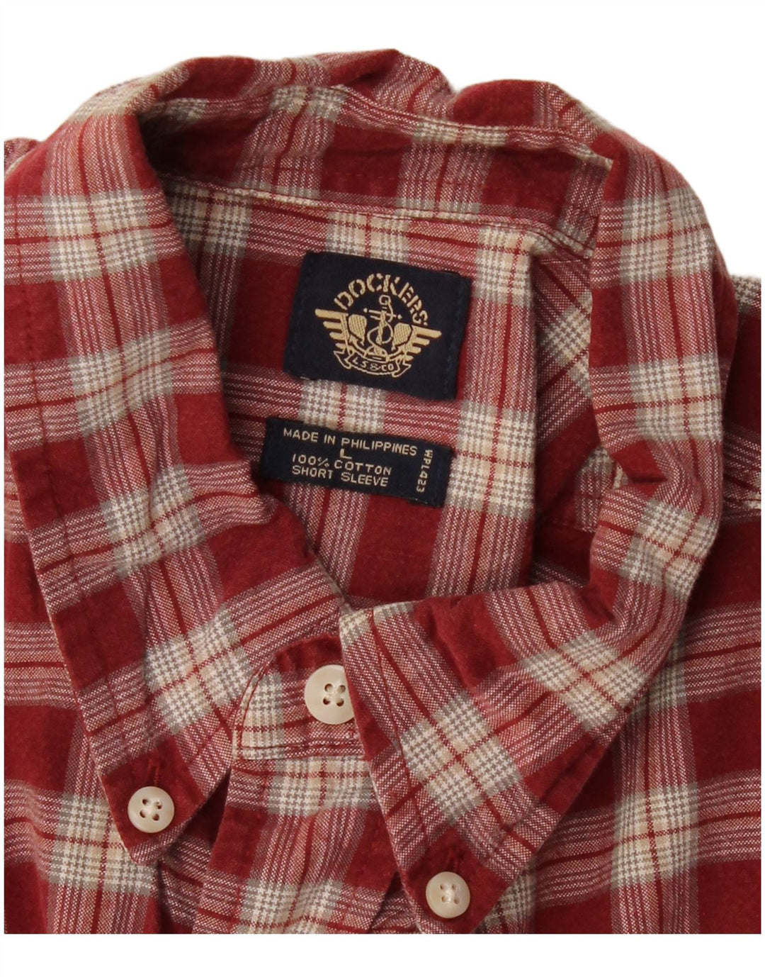 DOCKERS Mens Short Sleeve Shirt Large Burgundy Check Cotton