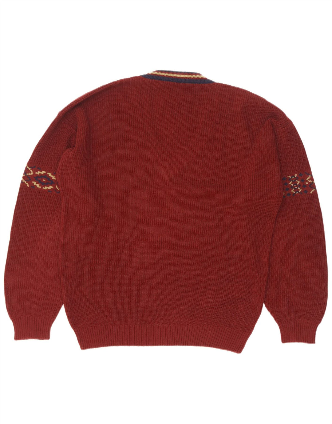 Vintage Mens V-Neck Jumper Sweater Size 50 Medium Maroon Geometric Cotton