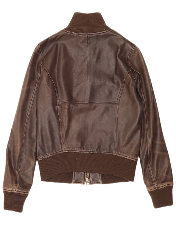 Sisley Womens Bomber Leather Jacket UK 6 XS Brown Leather