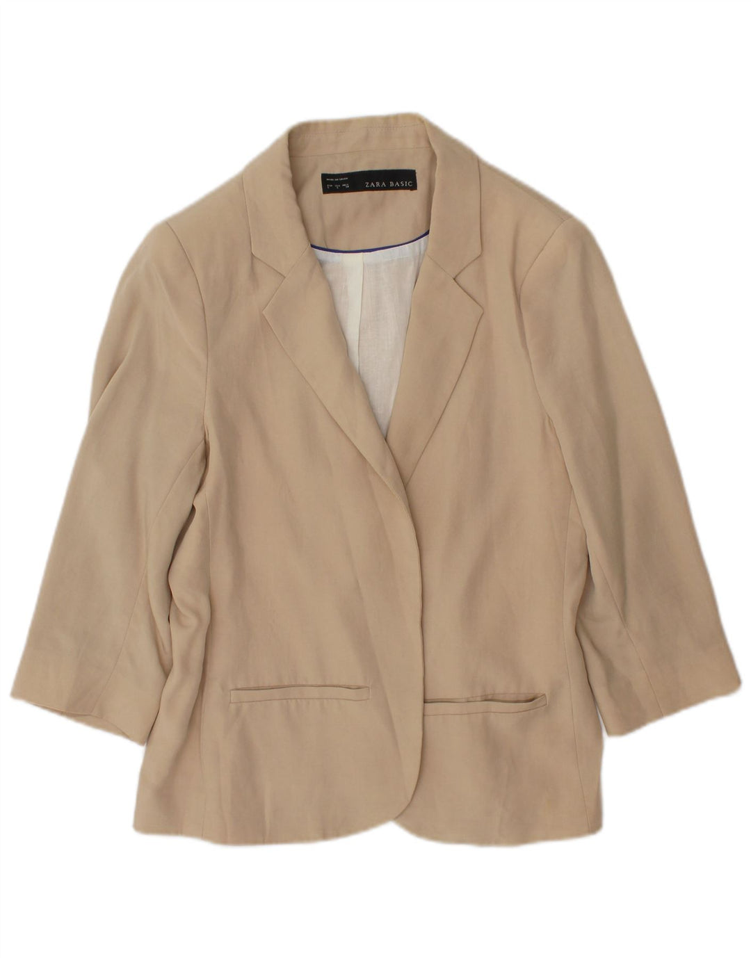 Zara Womens 3/4 Sleeve Open Blazer Jacket UK 14 Large Beige Cotton