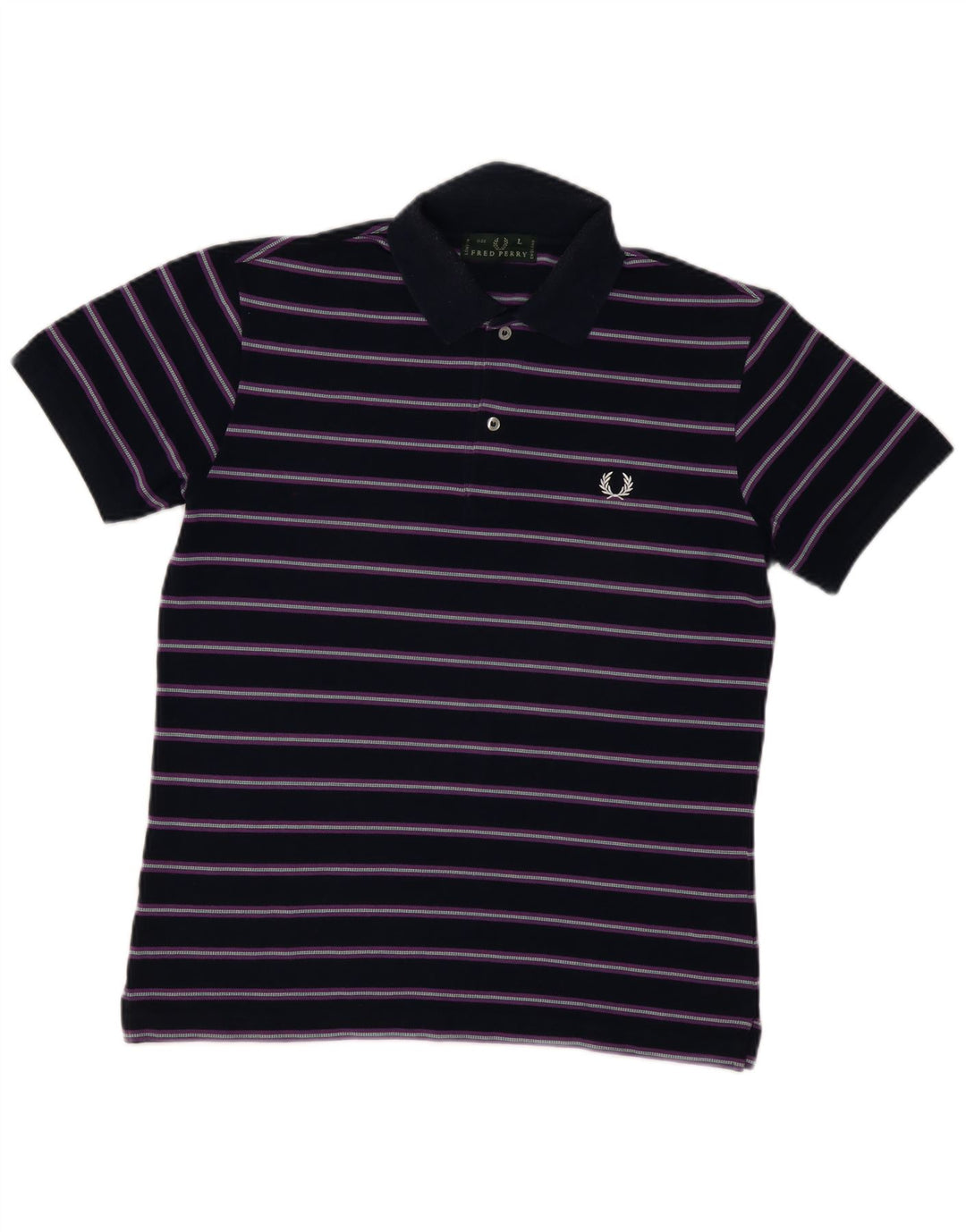 FRED PERRY Mens Polo Shirt Large Navy Blue Striped Cotton
