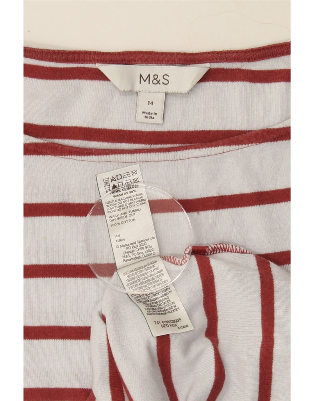 MARKS & SPENCER Womens Top 3/4 Sleeve UK 14 Medium White Striped Cotton Vintage Marks & Spencer and Second-Hand Marks & Spencer from Messina Hembry 