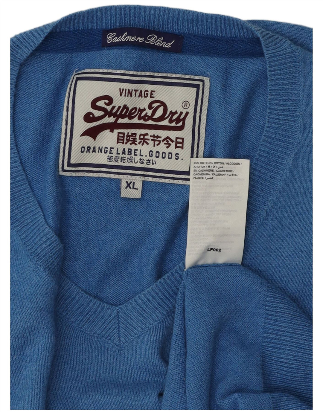 Superdry Mens V-Neck Jumper Sweater XL Blue Cotton