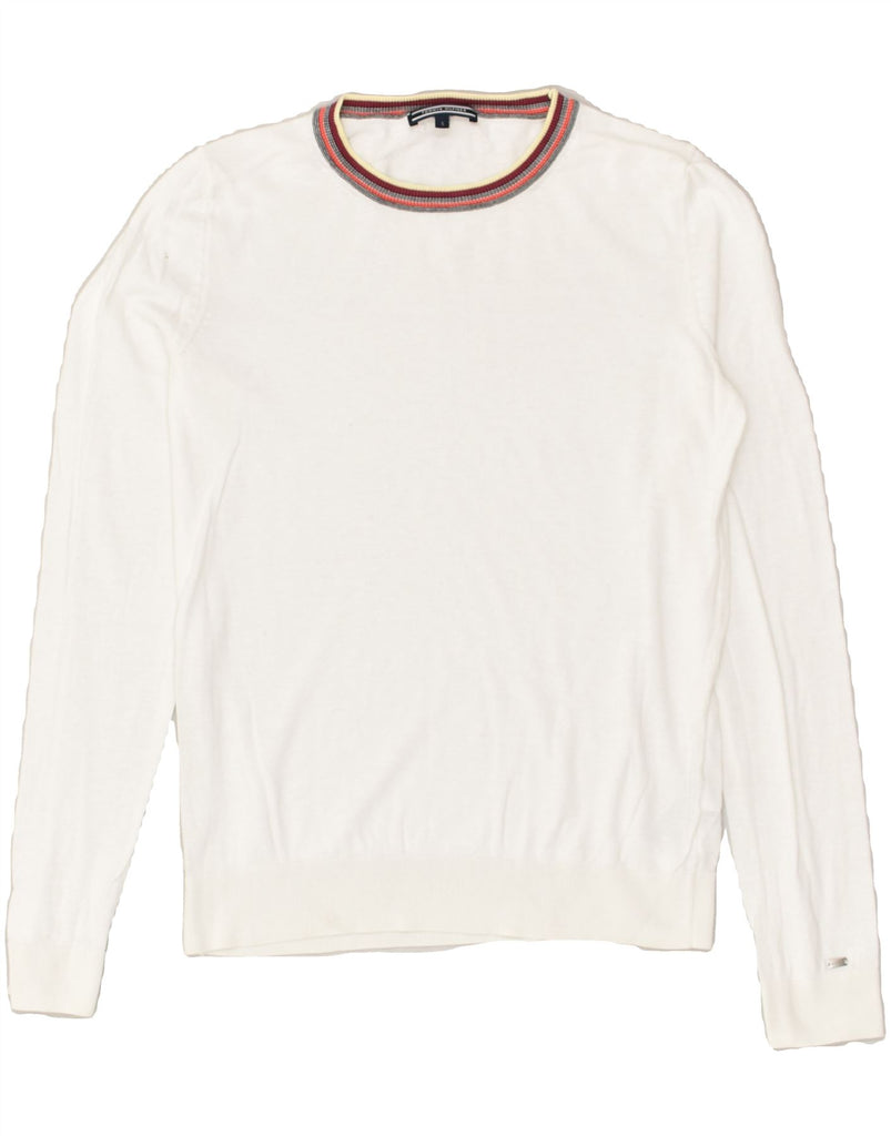 TOMMY HILFIGER Mens Crew Neck Jumper Sweater Small White Lyocell | Vintage Tommy Hilfiger | Thrift | Second-Hand Tommy Hilfiger | Used Clothing | Messina Hembry 