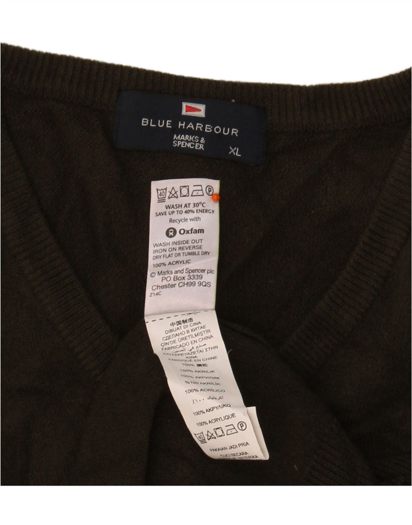 MARKS & SPENCER Mens Blue Harbour V-Neck Jumper Sweater XL Khaki Acrylic Vintage Marks & Spencer and Second-Hand Marks & Spencer from Messina Hembry 