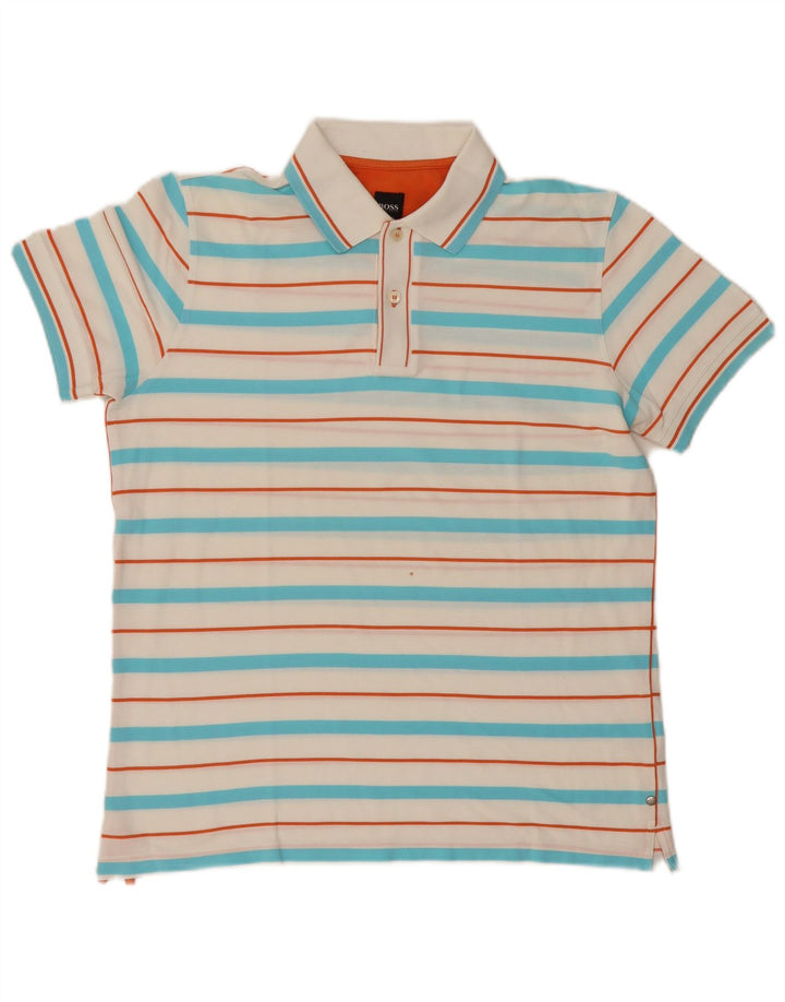 Hugo Boss Mens Slim Fit Polo Shirt Medium White Striped Cotton