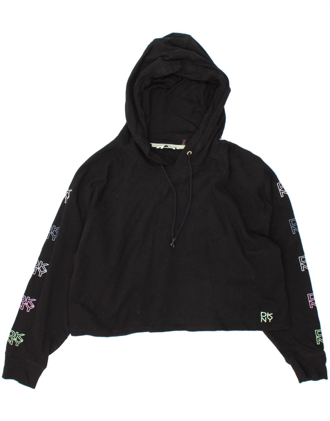 DKNY Womens Oversized Graphic Crop Hoodie Jumper UK 12 Medium Black Vintage Dkny and Second-Hand Dkny from Messina Hembry 