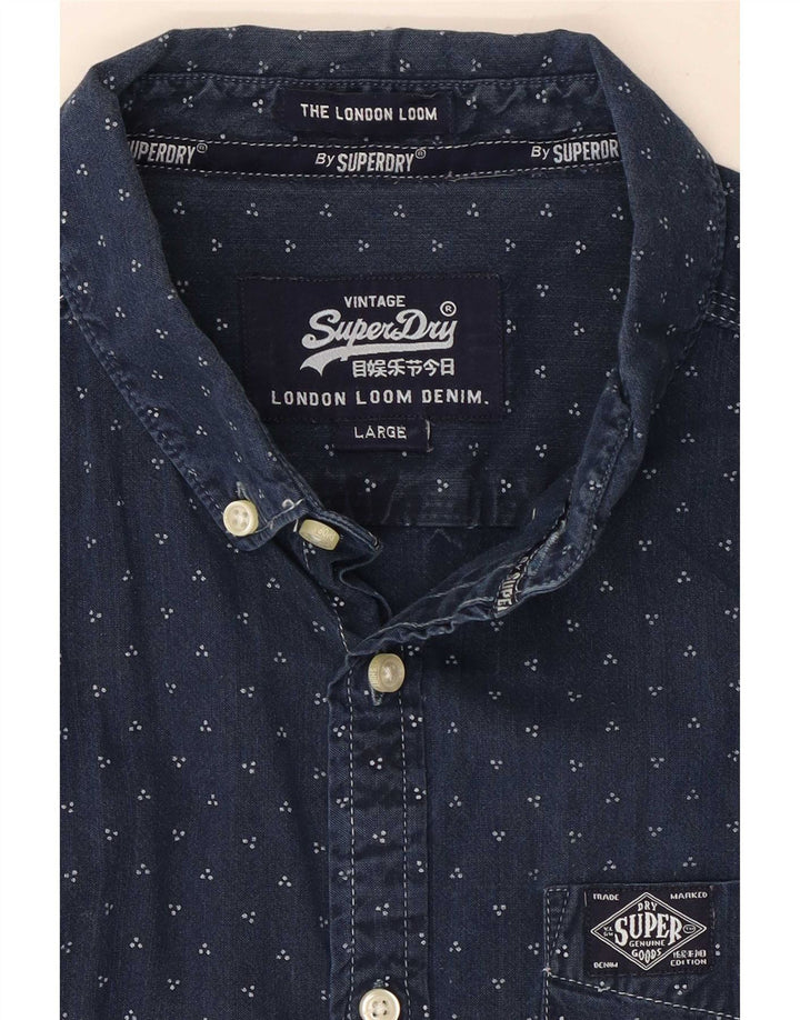 Superdry Mens Short Sleeve Shirt Large Navy Blue Spotted Cotton