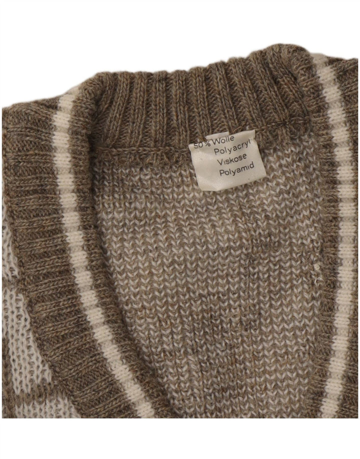VINTAGE Mens V-Neck Jumper Sweater XL Beige Geometric Wool