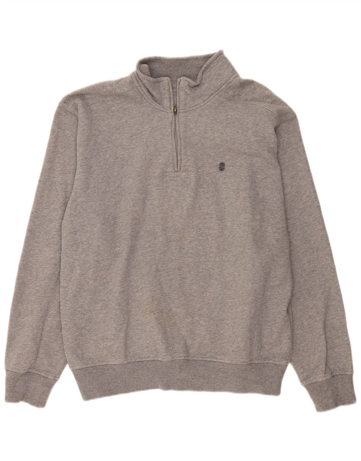 Izod Mens Zip Neck Sweatshirt Jumper Large Grey Flecked Cotton