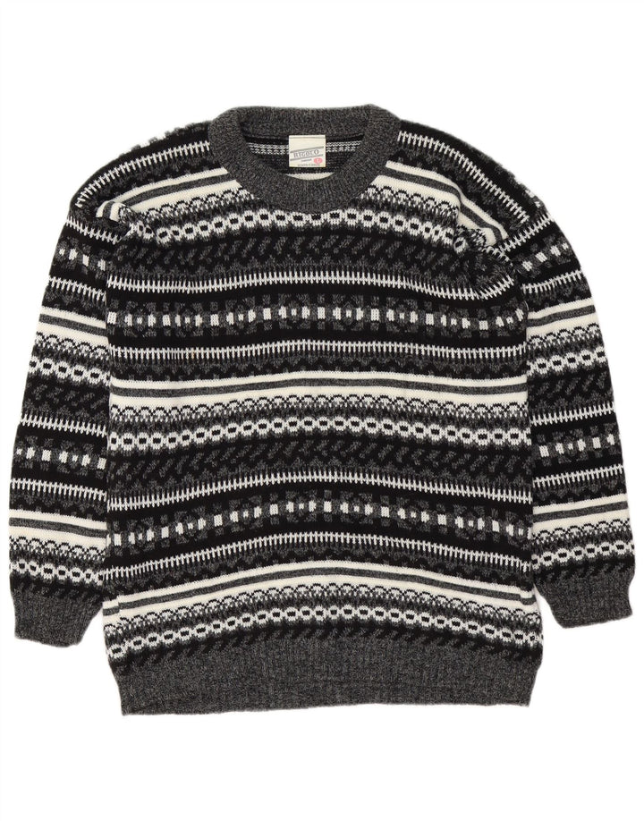 Vintage Mens Boat Neck Jumper Sweater Large Grey Fair Isle