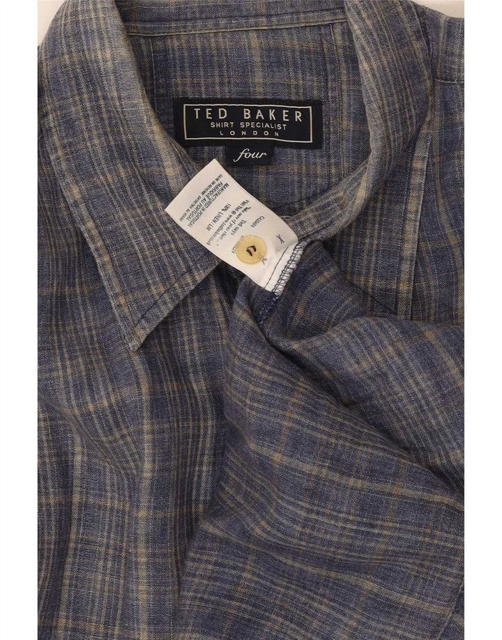 Ted Baker Mens Short Sleeve Shirt Size 4 Large Navy Blue Check Linen