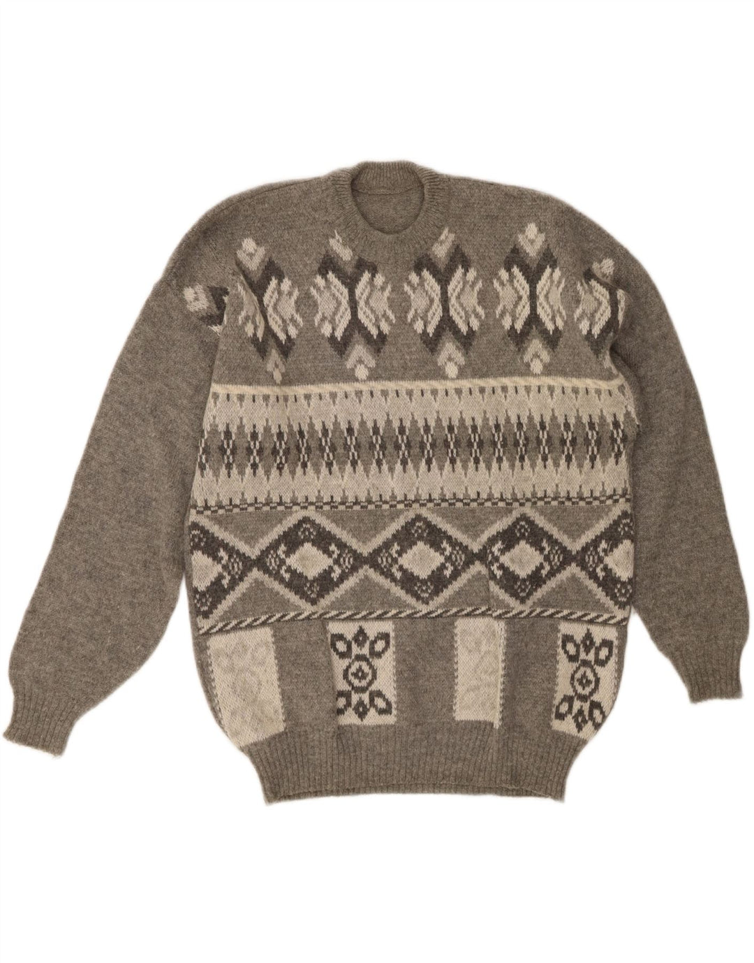 VINTAGE Mens Crew Neck Jumper Sweater Large Grey Fair Isle