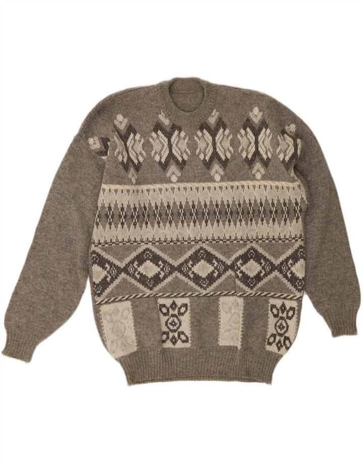 VINTAGE Mens Crew Neck Jumper Sweater Large Grey Fair Isle