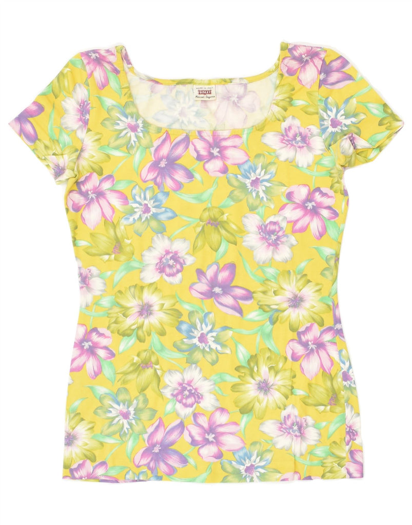 SISLEY Womens T-Shirt Top UK 12 Medium Yellow Floral Cotton | Vintage Sisley | Thrift | Second-Hand Sisley | Used Clothing | Messina Hembry 