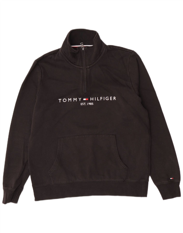 Tommy Hilfiger Mens Graphic Zip Neck Sweatshirt Jumper Medium Black Cotton