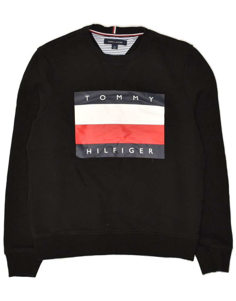 TOMMY HILFIGER Womens Graphic Sweatshirt Jumper UK 10 Small Black Cotton | Vintage Tommy Hilfiger | Thrift | Second-Hand Tommy Hilfiger | Used Clothing | Messina Hembry 