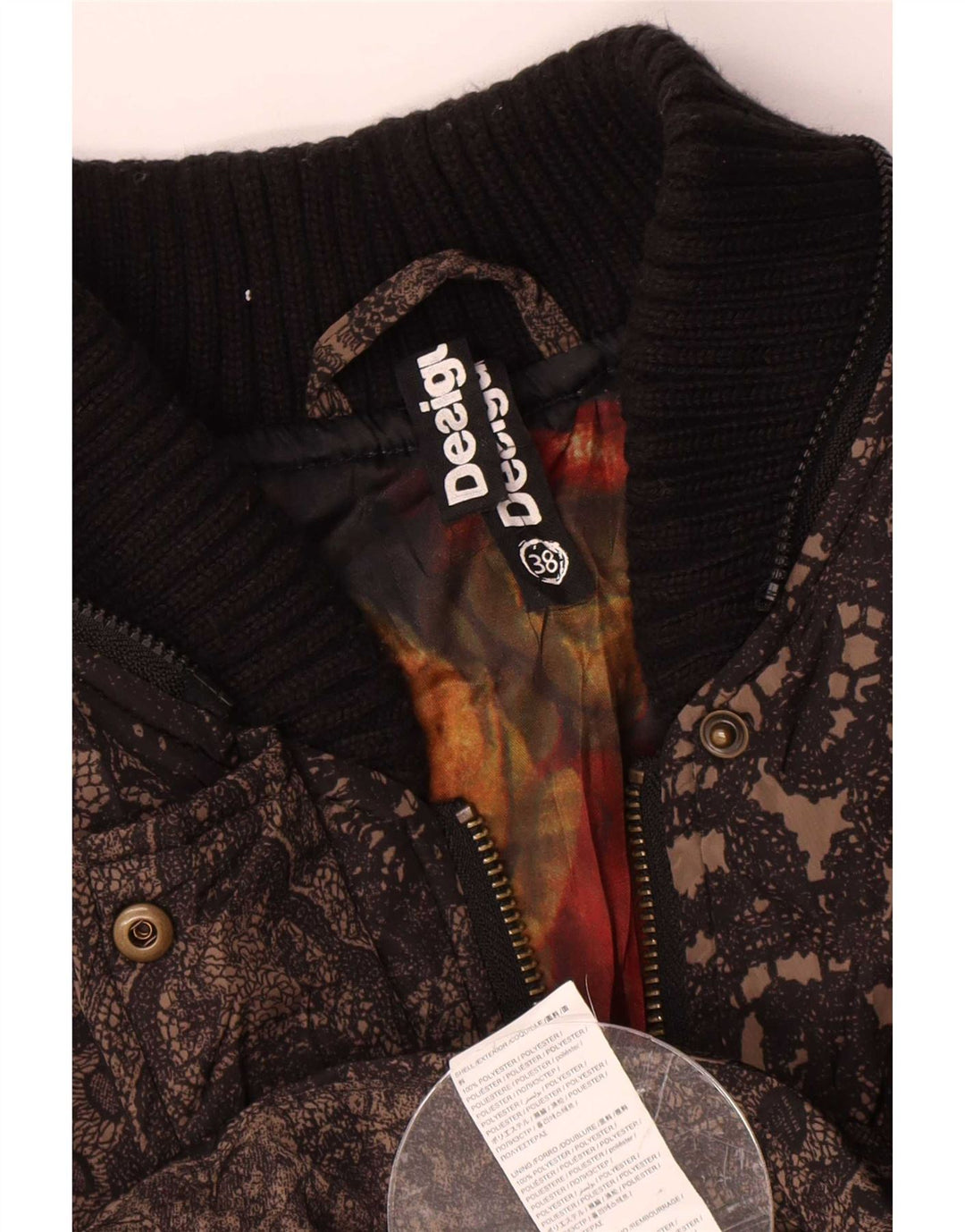 Desigual Womens Graphic Padded Jacket EU 38 Medium Brown Paisley Polyester