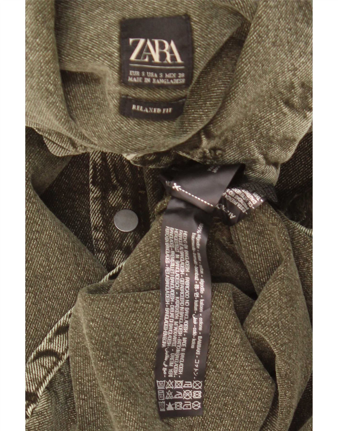 Zara Mens Distressed Relaxed Fit Denim Shirt Small Khaki Cotton