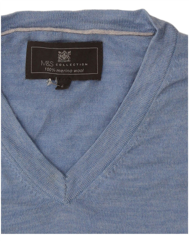 Marks & Spencer Mens V-Neck Jumper Sweater Large Blue Flecked Wool